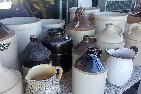 Antique Glazed crocks,jugs, water pitchers, and jugs with taps