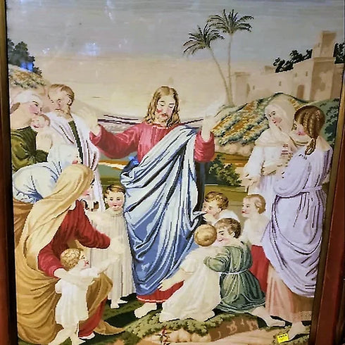 This is a beautiful needlepoint done with a 45x40 frame Jesus Mary and his disci