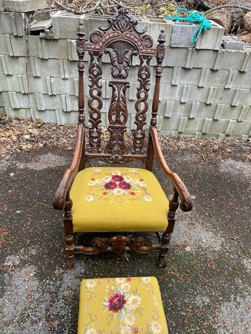 Antique victorian needlepoint parlor chairs with foot rest