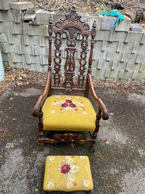 Antique victorian needlepoint parlor chairs with foot rest