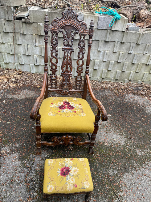 Antique victorian needlepoint parlor chairs with foot rest