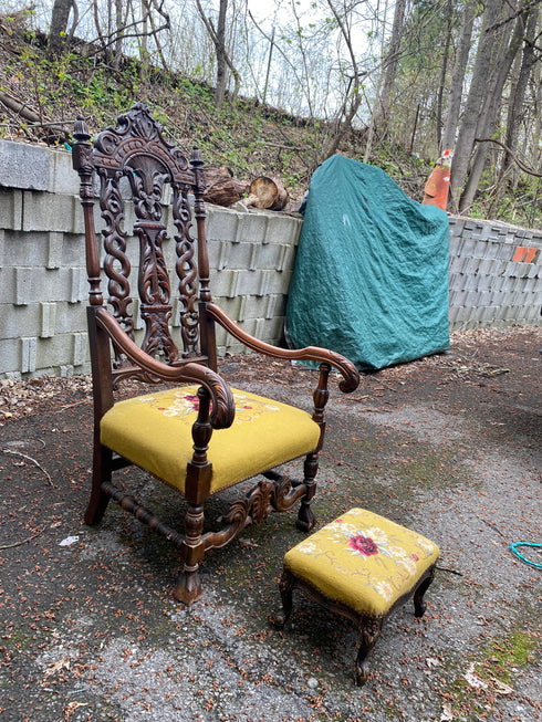 Antique victorian needlepoint parlor chairs with foot rest