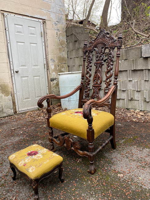 Antique victorian needlepoint parlor chairs with foot rest