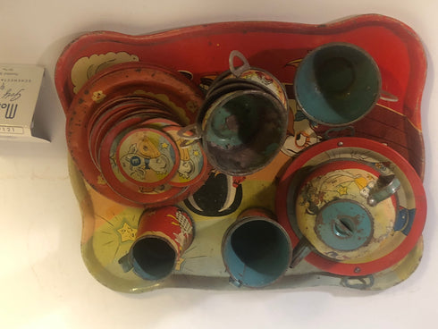 Tin Tray with cups, dishes, tea pot, American